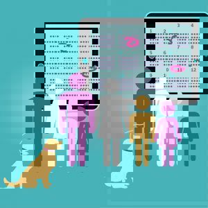 A graphic showing a family and their pet
